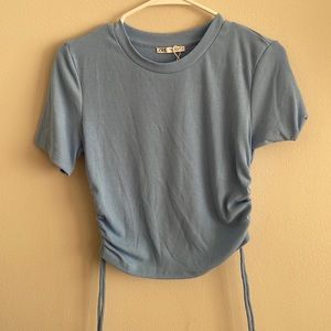 Zara Cinched Side Ribbed Light Blue Stretchy Tshirt